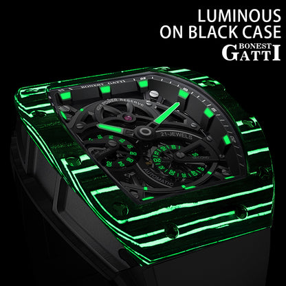 BONEST GATTI Carbon fiber + Aluminum alloy Case Barrel shaped Tonneau watch Skeleton Movement Sapphire Crystal Quick- Release Strap Watch BG9004