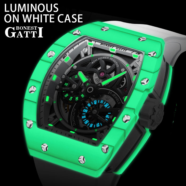 BONEST GATTI Carbon fiber + Aluminum alloy Case Barrel shaped Tonneau watch Skeleton Movement Sapphire Crystal Quick- Release Strap Watch BG9004