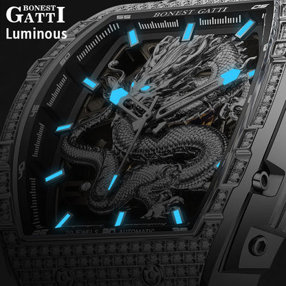 BONEST GATTI Barrel Dragon & Phoenix Couple Watch Automatic Mechanical Movement Luminous BG9910