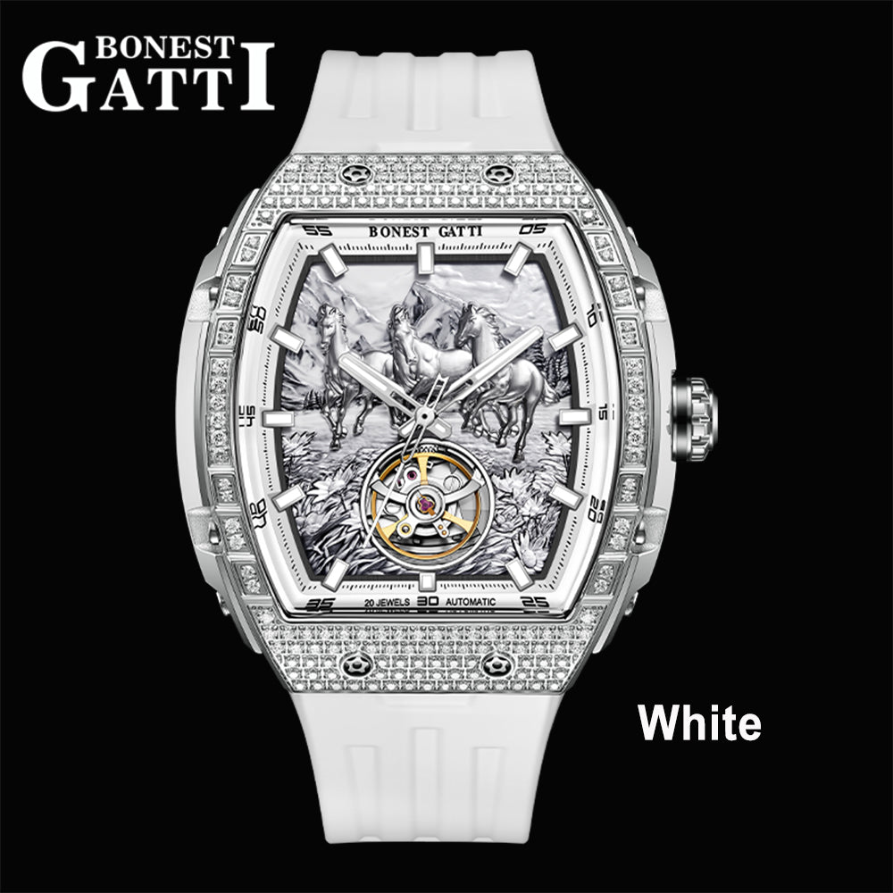 BONEST GATTI Horse Automatic Tonneau Men Watch Zircon Bezel Skeleton Self Wind Movement Sapphire Crystal Luminous Watch BG5006
