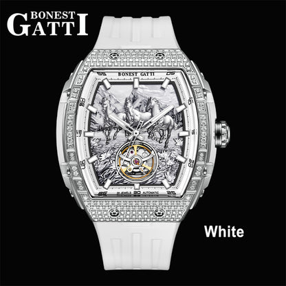 BONEST GATTI Horse Automatic Tonneau Men Watch Zircon Bezel Skeleton Self Wind Movement Sapphire Crystal Luminous Watch BG5006