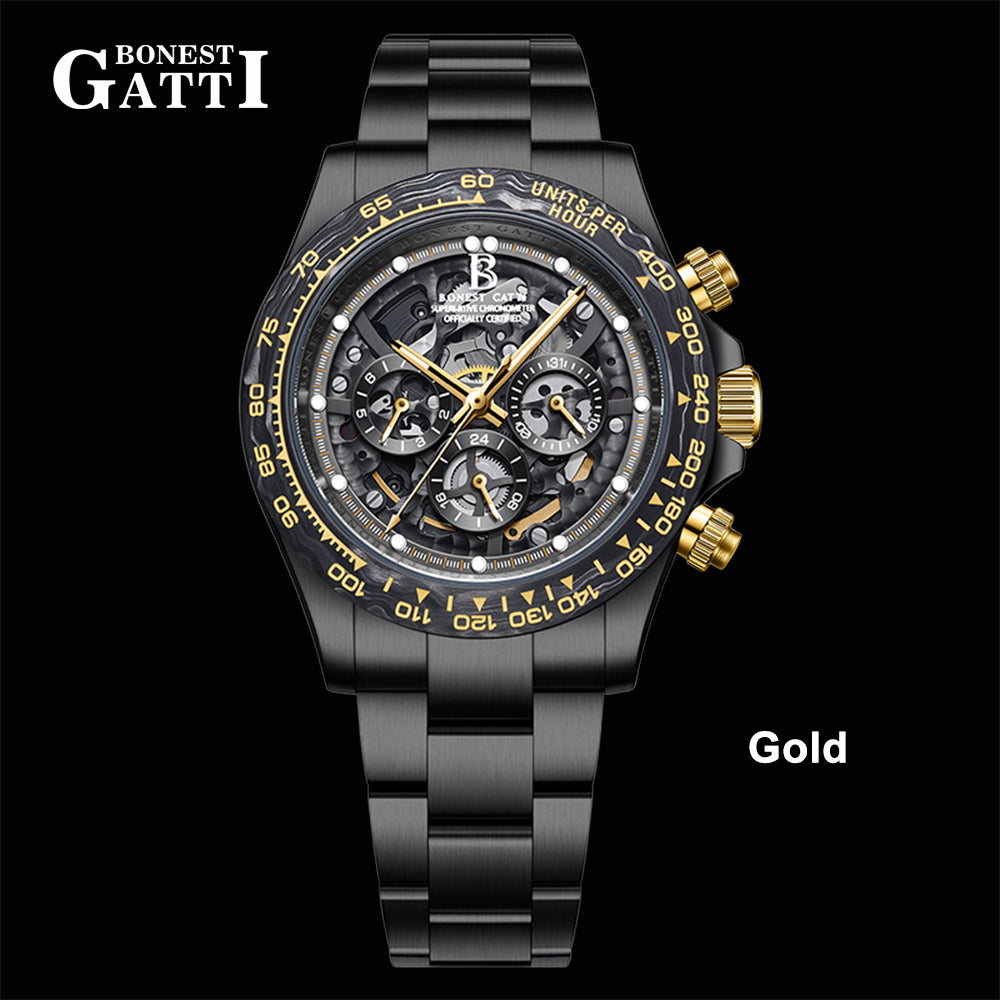 BONEST GATTI Carbon Fiber Bezel Skeleton Automatic Chronograph Watch BG8019