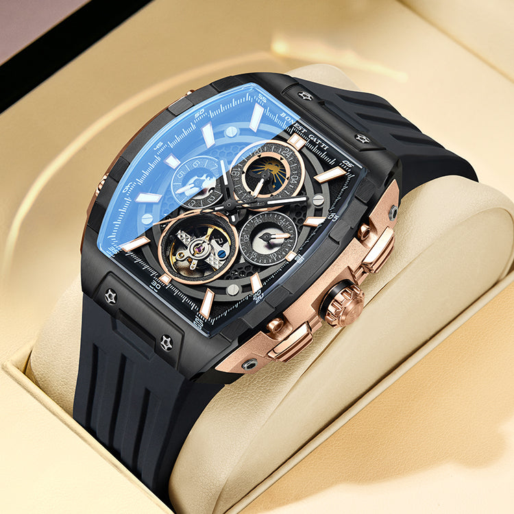 BONEST GATTI Automatic Tonneau Watch Calendar Week Display Skeleton Self Wind Movement Sapphire Crystal Luminous Watch BG5005