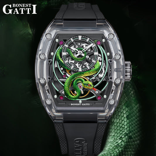 BONEST GATTI Transparent Tonneau Case 3D Snake Dial Skeleton Movement Fluororubber Strap Watch Luminous BG6004