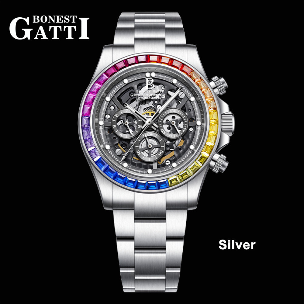 BONEST GATTI Gradient Gemstone Bezel Skeleton Automatic Chronograph Watch BG8018