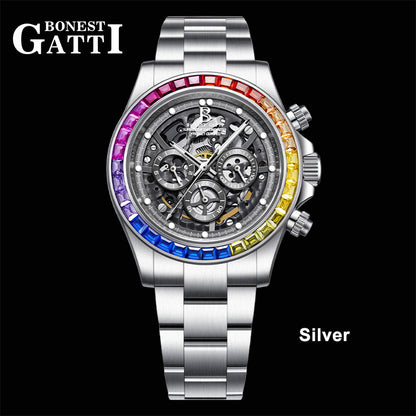 BONEST GATTI Gradient Gemstone Bezel Skeleton Automatic Chronograph Watch BG8018