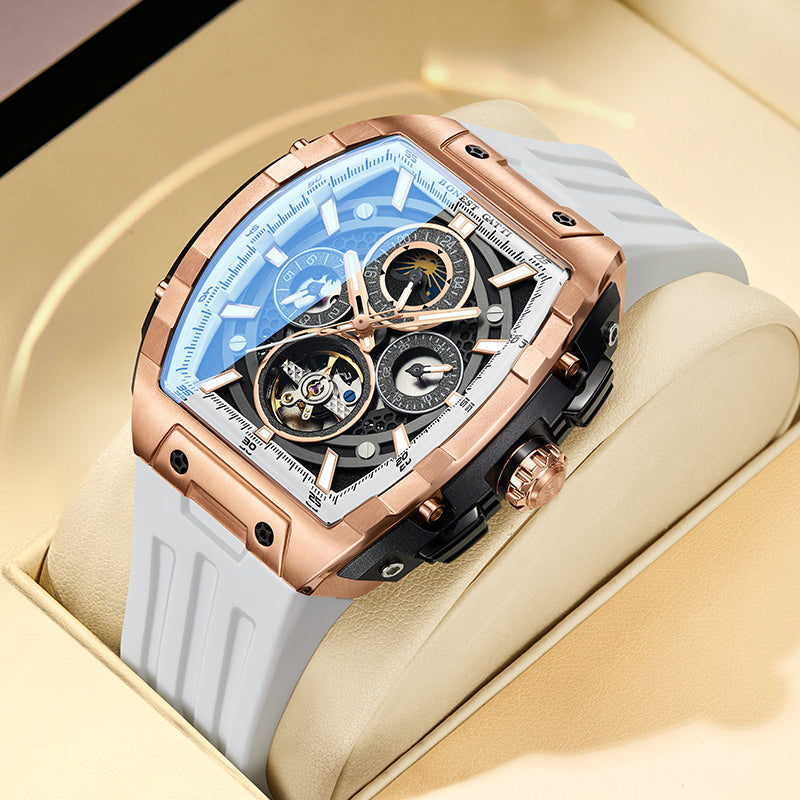 BONEST GATTI Automatic Tonneau Watch Calendar Week Display Skeleton Self Wind Movement Sapphire Crystal Luminous Watch BG5005