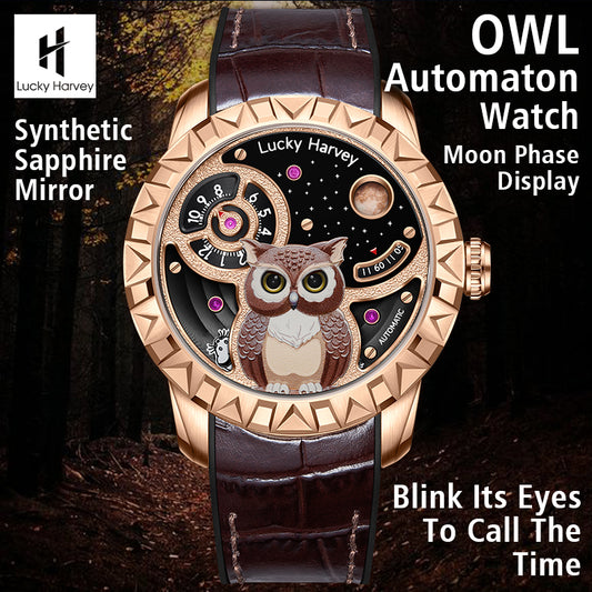 LUCKY HARVEY OWL Automaton Automatic Watch Round shaped Case Luminous