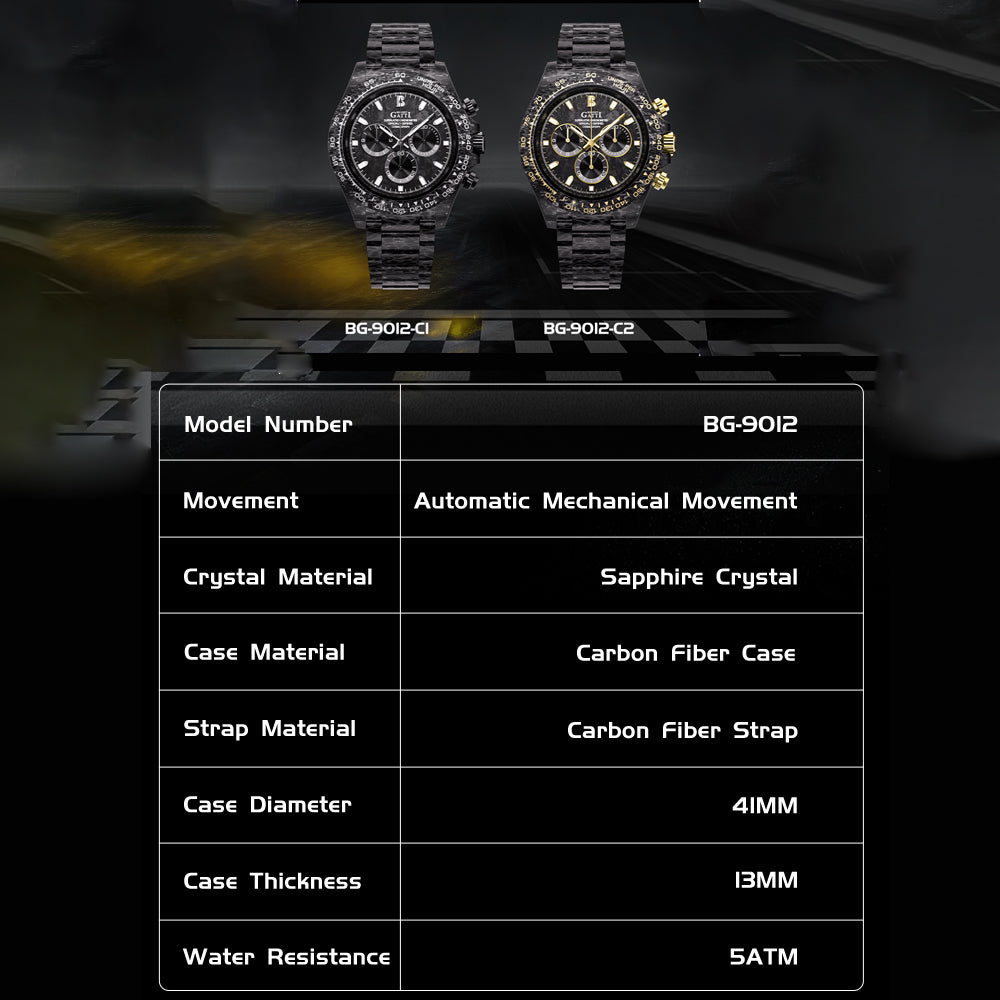 BONEST GATTI Full Carbon Fiber Automatic Chronograph Men Watch BG9012