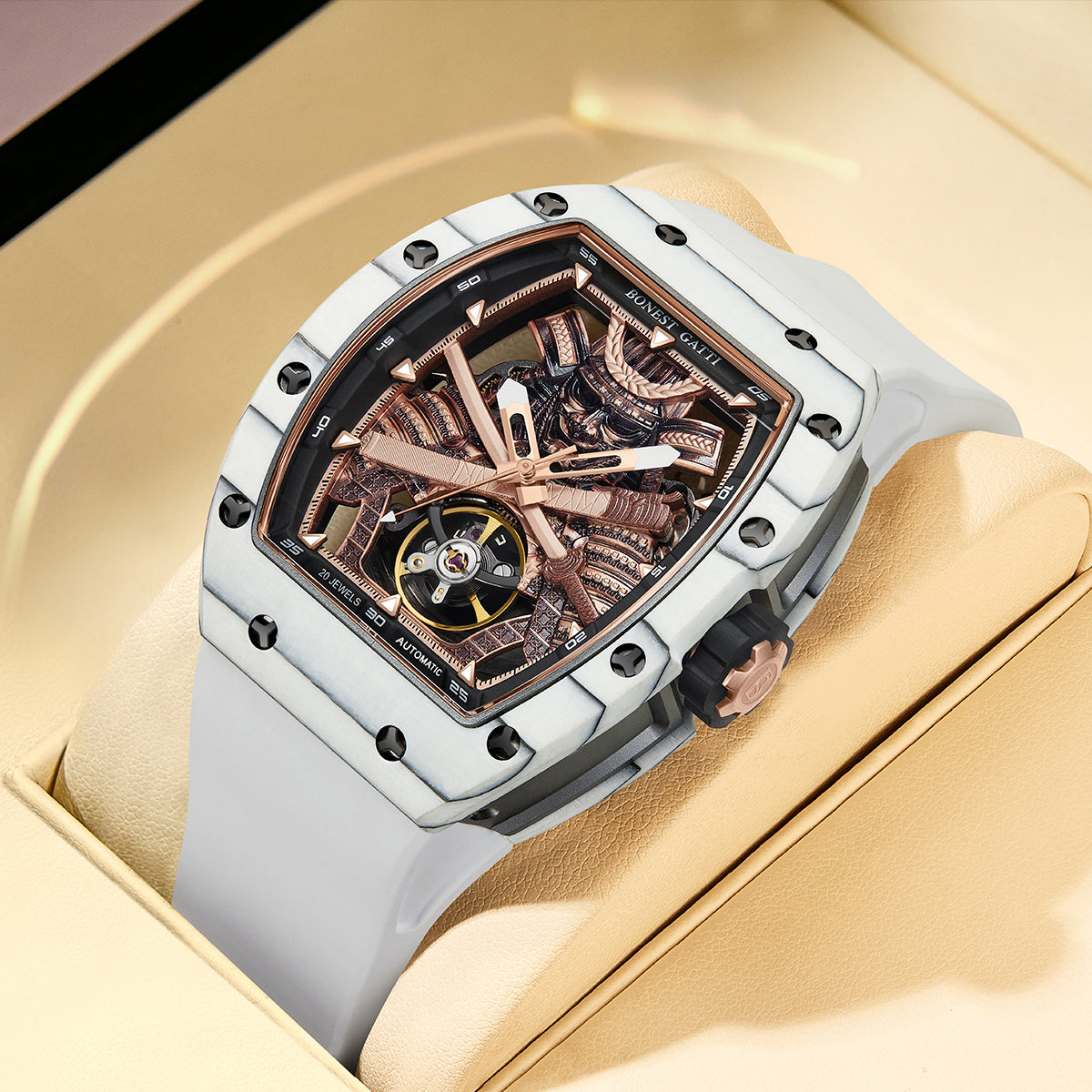 BONEST GATTI Automatic Tonneau Watch Phantom Black Warrior Dial Carbon Fiber Skeleton Self Wind Movement Sapphire Crystal Luminous Watch BG9008