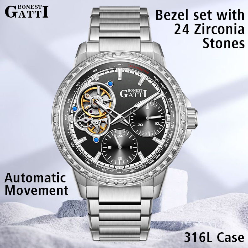 BONEST GATTI  Automatic Movement Round Shaped Case Skeleton 5ATM Watch BG8802
