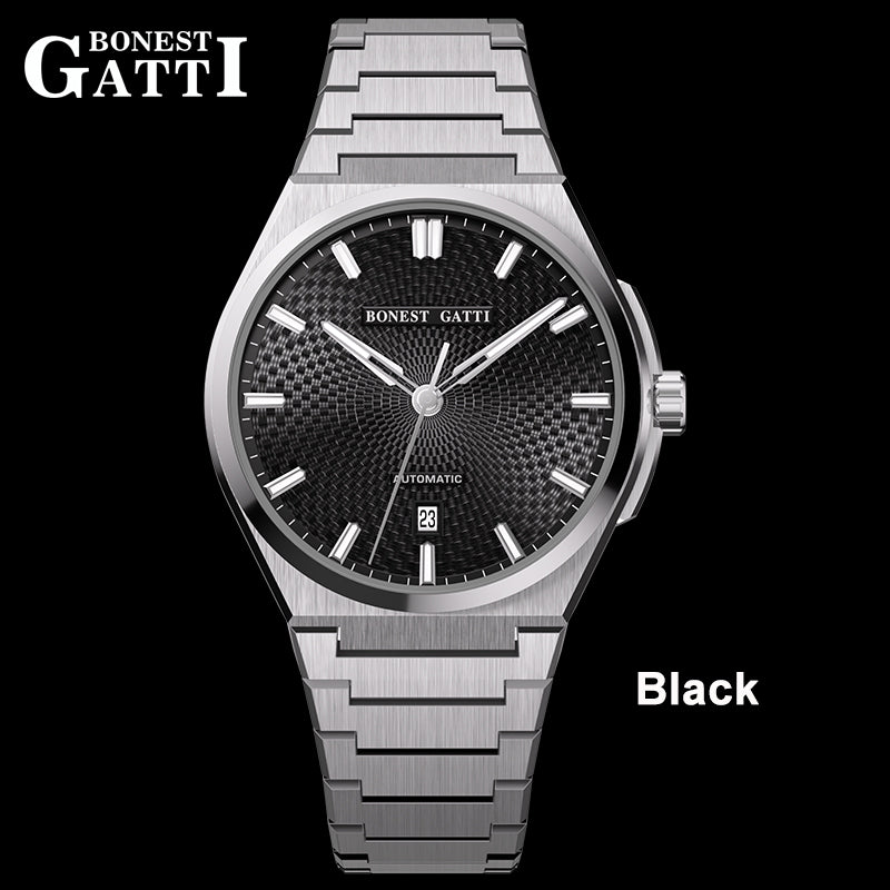 BONEST GATTI Automatic Men Watch Guilloché Pattern Date Display Self Wind Movement Sapphire Crystal Luminous Business Watch BG8012