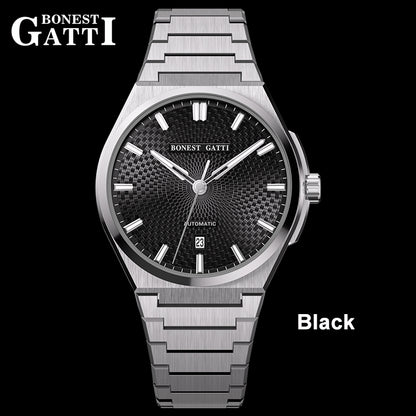 BONEST GATTI Automatic Men Watch Guilloché Pattern Date Display Self Wind Movement Sapphire Crystal Luminous Business Watch BG8012