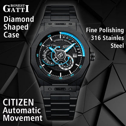 BONEST GATTI Roud Shaped Case CITIZEN Movement Automatic Mechanical Watch Luminous Multi-dial 42h Rubber Strap GB8601-S