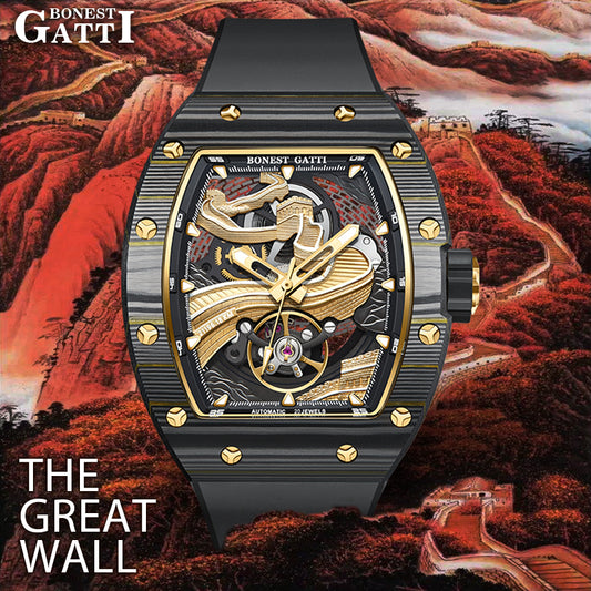 BONEST GATTI Carbon fiber + Aluminum alloy Case Barrel shaped Relief 3D Great Wall pattern Skeleton Movement Sapphire Crystal Watch BG9003