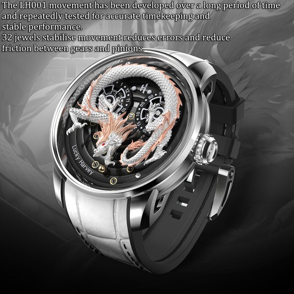 Lucky Harvey White/Black Dragon Automaton Automatic Watch 999 Gold Bead Luminous