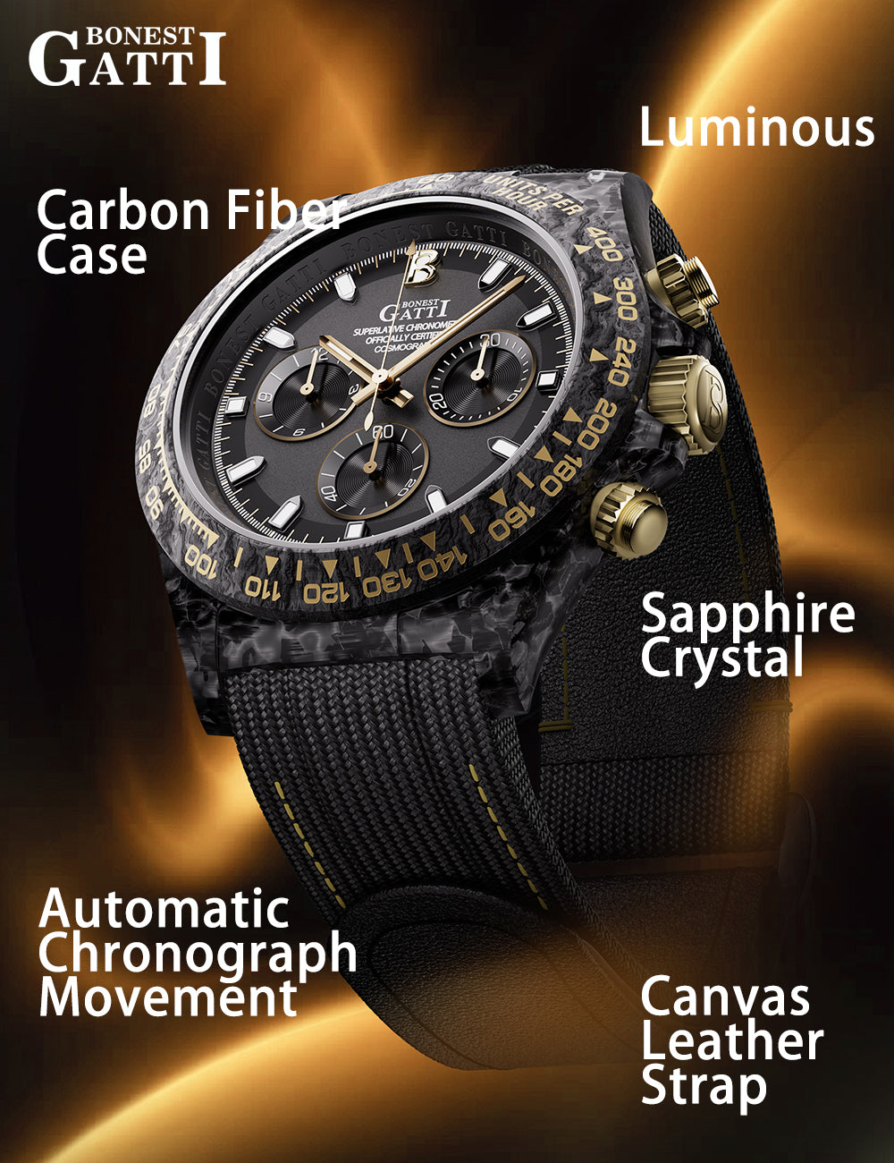 BONEST GATTI Carbon Fiber Automatic Chronograph Watch Self Wind Sapphire Crystal Luminous Waterproof Men Watch BG9010