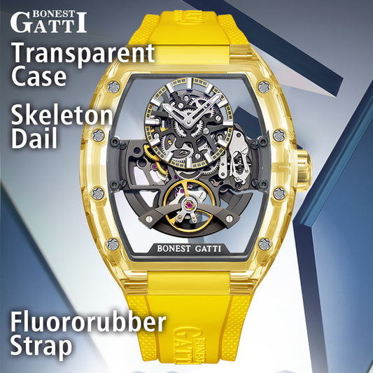 BONEST GATTI Barrel shaped Skeleton Movement Synthetic Sapphire Fluororubber Strap Watch Luminous GB9960