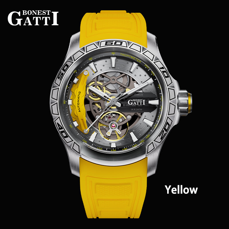 BONEST GATTI Hollow Skeleton Automatic Men Watch Self Wind Movement Sapphire Crystal Luminous Watch with Fluororubber Strap BG4005