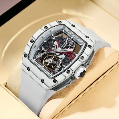 BONEST GATTI Automatic Tonneau Watch Spartan Warrior Series Carbon Fiber Skeleton Self Wind Movement Sapphire Crystal Luminous Watch BG9009