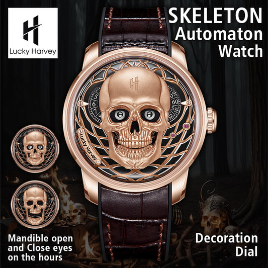 LUCKY HARVEY  Skeleton Automaton Watch Round shaped Case Luminous Watch LH-SKULL
