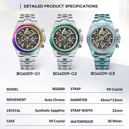 BONEST GATTI K9 Cryatal Case Strap Automatic Chronograph Watch BG6009