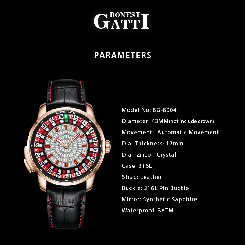 Bonest Gatti Gemstone European Roulette game watch Automatic Movement Handcrafted Zircon Setting Dail BG 8004