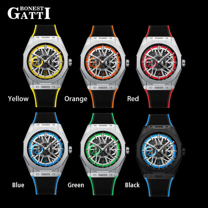 BONEST GATTI Roud Shaped Case CITIZEN Movement Automatic Mechanical Watch Luminous Multi-dial 42h Rubber Strap GB9601-A