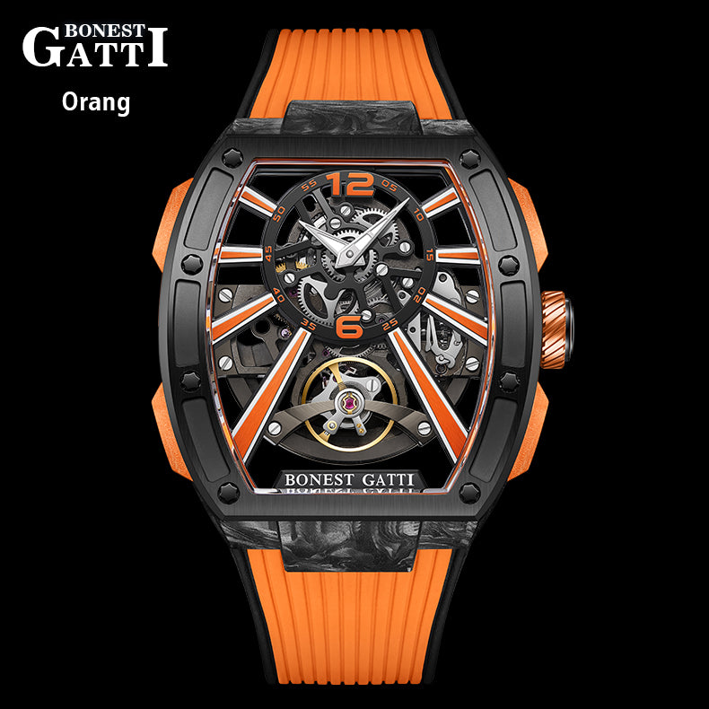 BONEST GATTI Carbon fiber+fine Steel Case Barrel shaped sapphire crystal  watch Skeleton Movement Watch BG9950