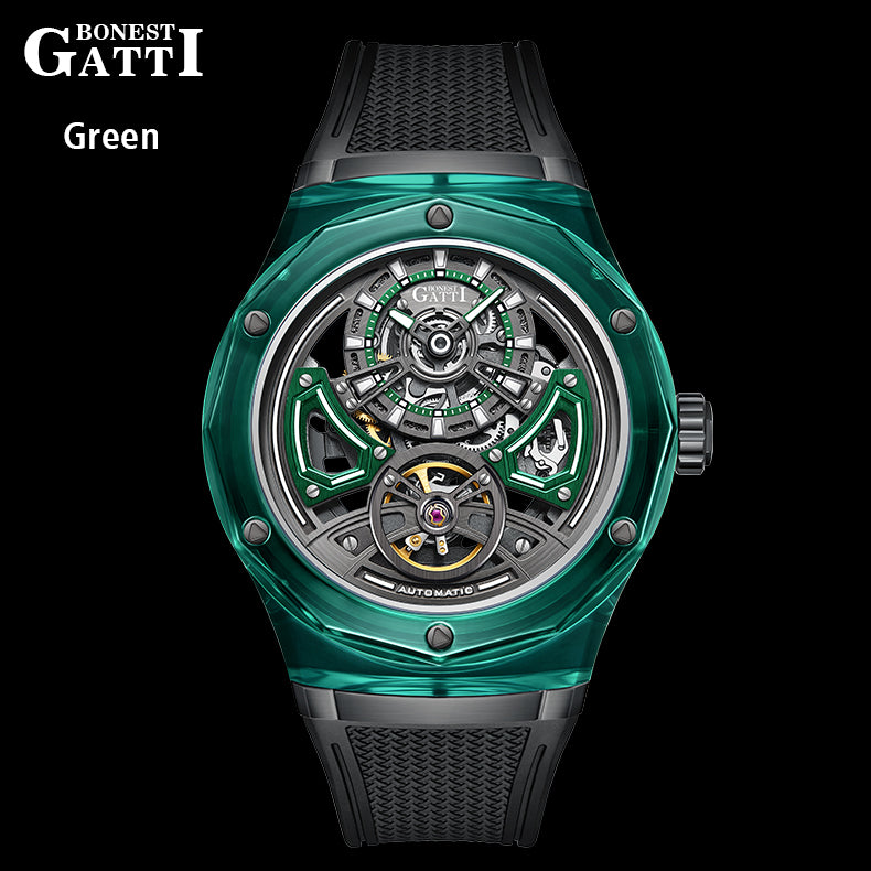 BONEST GATTI  Transparent Case Dodecagon Bezel Automatic Skeleton Movement Round Shaped Fluororubber Strap Watch BG5807