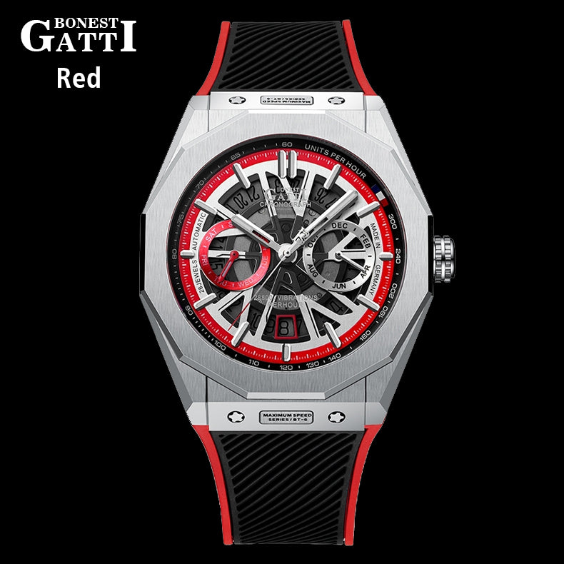 BONEST GATTI Roud Shaped Case CITIZEN Movement Automatic Mechanical Watch Luminous Multi-dial 42h Rubber Strap GB9601-A