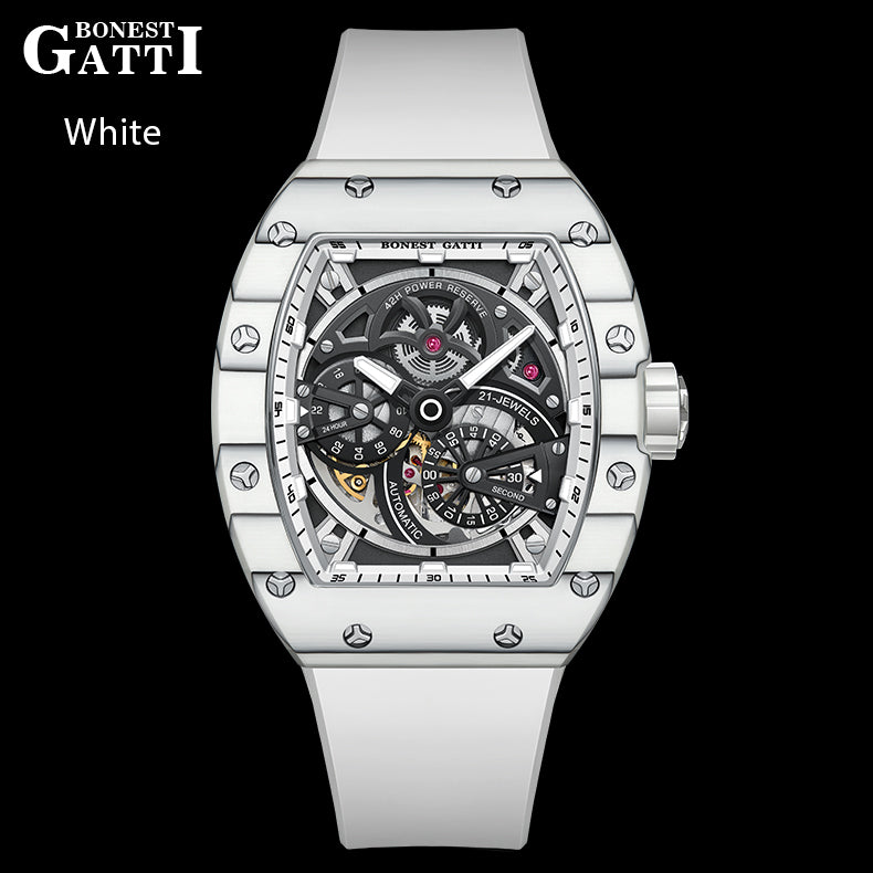 BONEST GATTI Carbon fiber + Aluminum alloy Case Barrel shaped Tonneau watch Skeleton Movement Sapphire Crystal Quick- Release Strap Watch BG9004