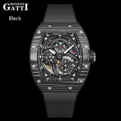 BONEST GATTI Carbon fiber + Aluminum alloy Case Barrel shaped Tonneau watch Skeleton Movement Sapphire Crystal Quick- Release Strap Watch BG9004