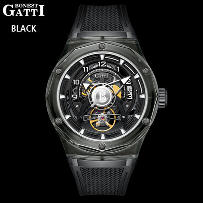 BONEST GATTI  Transparent Case Dodecagon Bezel Automatic Skeleton Movement Round Shaped Fluororubber Strap Watch BG5806