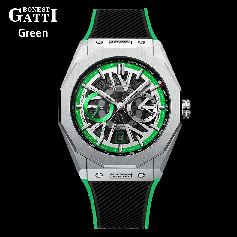 BONEST GATTI Roud Shaped Case CITIZEN Movement Automatic Mechanical Watch Luminous Multi-dial 42h Rubber Strap GB9601-A