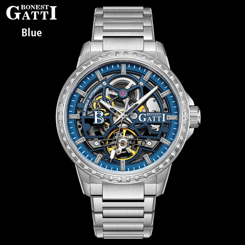 BONEST GATTI 44 Zirconia Stones Bezel Automatic Movement Round Shaped 316L  Case Skeleton 5ATM Watch BG8803