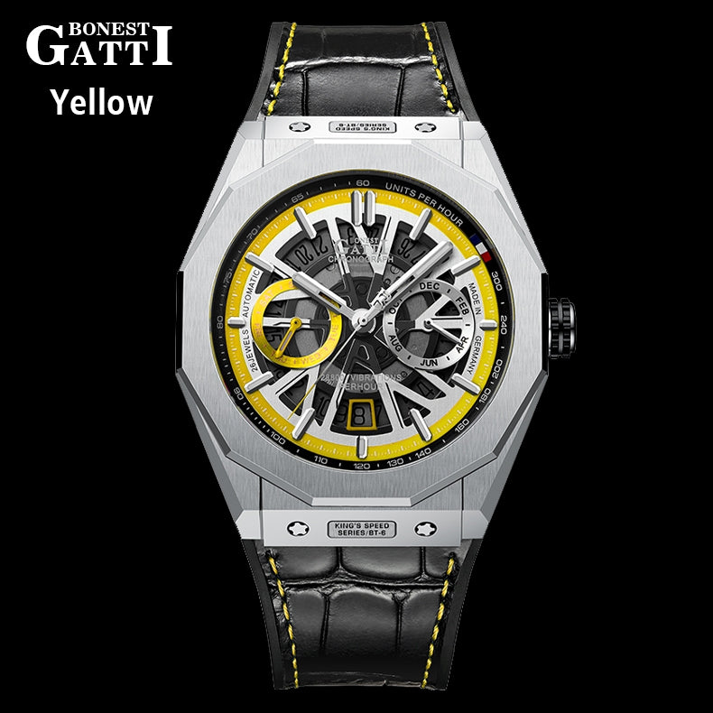 BONEST GATTI Roud Shaped Case CITIZEN Movement Automatic Mechanical Watch Luminous Multi-dial 42h Rubber Strap GB9601-B