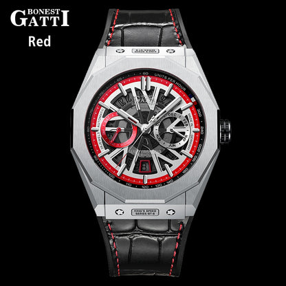 BONEST GATTI Roud Shaped Case CITIZEN Movement Automatic Mechanical Watch Luminous Multi-dial 42h Rubber Strap GB9601-B