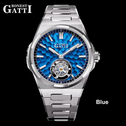BONEST GATTI Hammer Pattern Automatic Tourbillon Watch Self Wind 80H Power Reserve Sapphire Crystal Luminous Watch BG7005