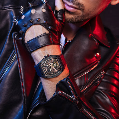 BONEST GATTI Automatic Tonneau Watch Phantom Black Warrior Dial Carbon Fiber Skeleton Self Wind Movement Sapphire Crystal Luminous Watch BG9008