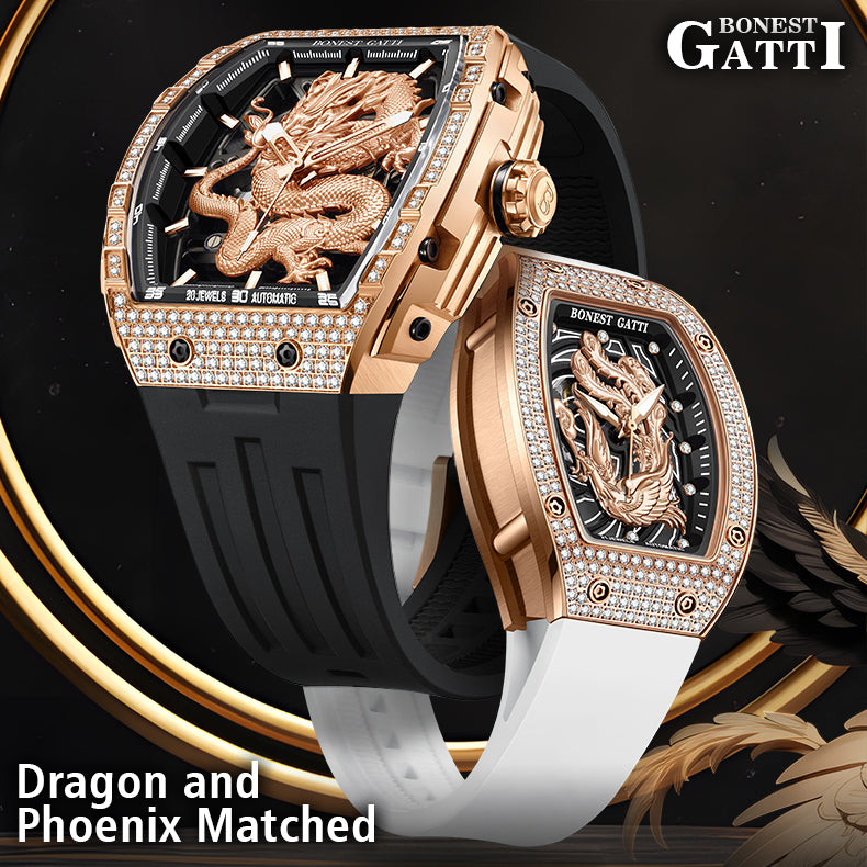 BONEST GATTI Barrel Dragon & Phoenix Couple Watch Automatic Mechanical Movement Luminous BG9910