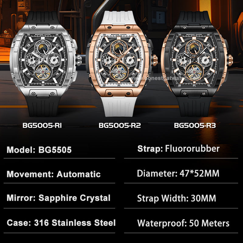 BONEST GATTI Automatic Tonneau Watch Calendar Week Display Skeleton Self Wind Movement Sapphire Crystal Luminous Watch BG5005