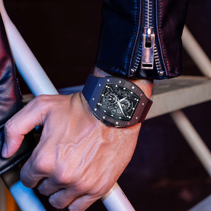 BONEST GATTI Automatic Tonneau Watch Carbon Fiber Month Week Date Display Skeleton Self Wind Movement Sapphire Crystal Luminous Watch BG9007