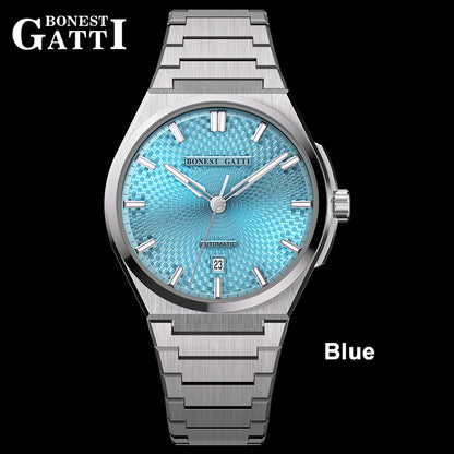 BONEST GATTI Automatic Men Watch Guilloché Pattern Date Display Self Wind Movement Sapphire Crystal Luminous Business Watch BG8012
