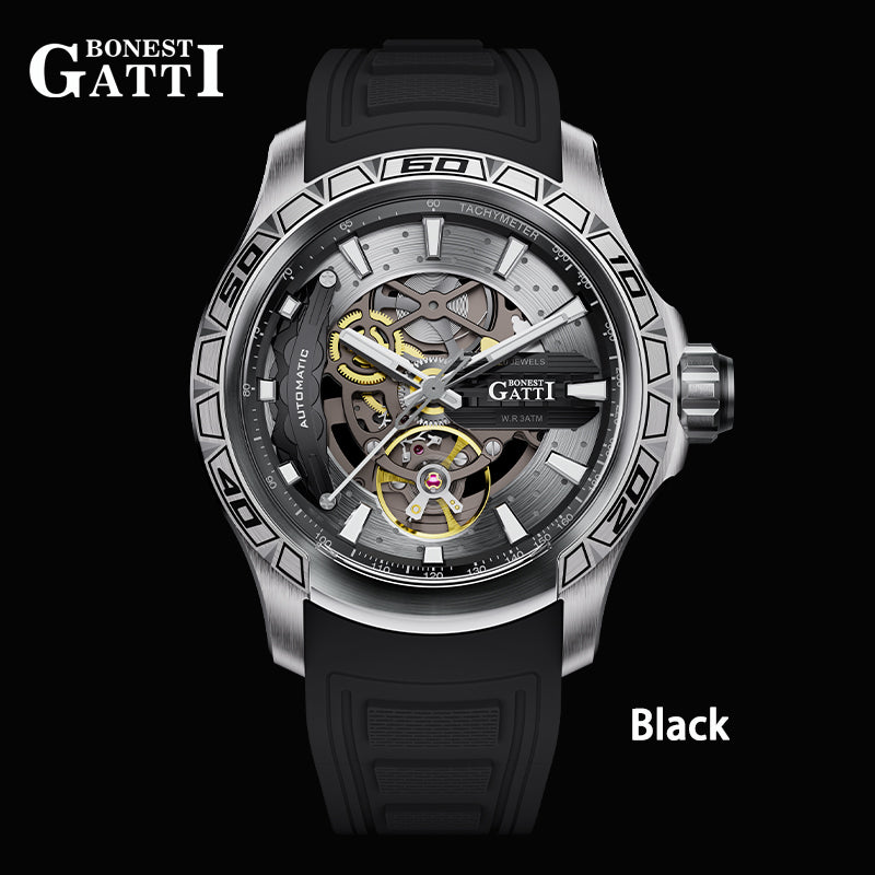 BONEST GATTI Hollow Skeleton Automatic Men Watch Self Wind Movement Sapphire Crystal Luminous Watch with Fluororubber Strap BG4005