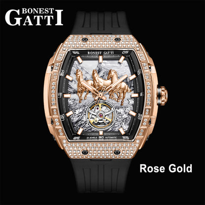BONEST GATTI Horse Automatic Tonneau Men Watch Zircon Bezel Skeleton Self Wind Movement Sapphire Crystal Luminous Watch BG5006
