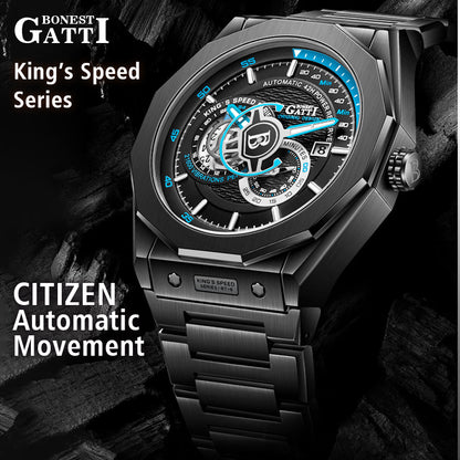 BONEST GATTI Roud Shaped Case CITIZEN Movement Automatic Mechanical Watch Luminous Multi-dial 42h Rubber Strap GB8601-S