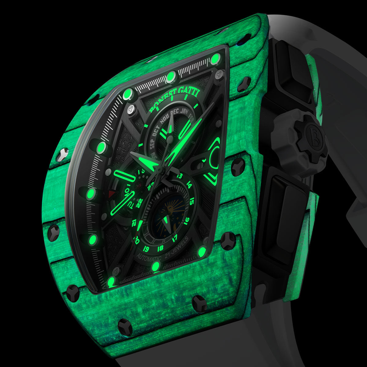 BONEST GATTI Automatic Tonneau Watch Carbon Fiber Month Week Date Display Skeleton Self Wind Movement Sapphire Crystal Luminous Watch BG9007