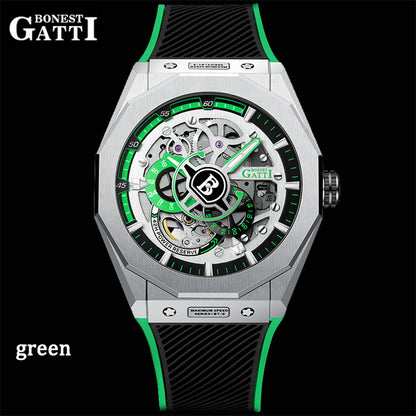 BONEST GATTI Roud Shaped Case CITIZEN Movement Automatic Mechanical Watch Luminous Multi-dial 42h Rubber Strap GB7601-A