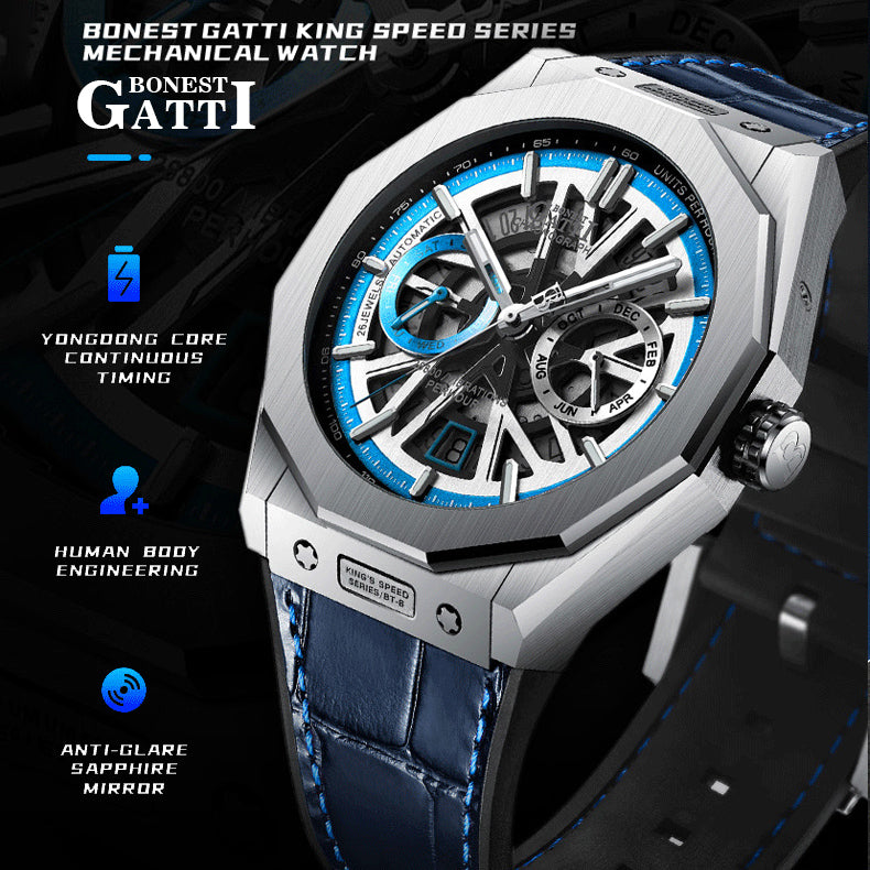 BONEST GATTI Roud Shaped Case CITIZEN Movement Automatic Mechanical Watch Luminous Multi-dial 42h Rubber Strap GB9601-B